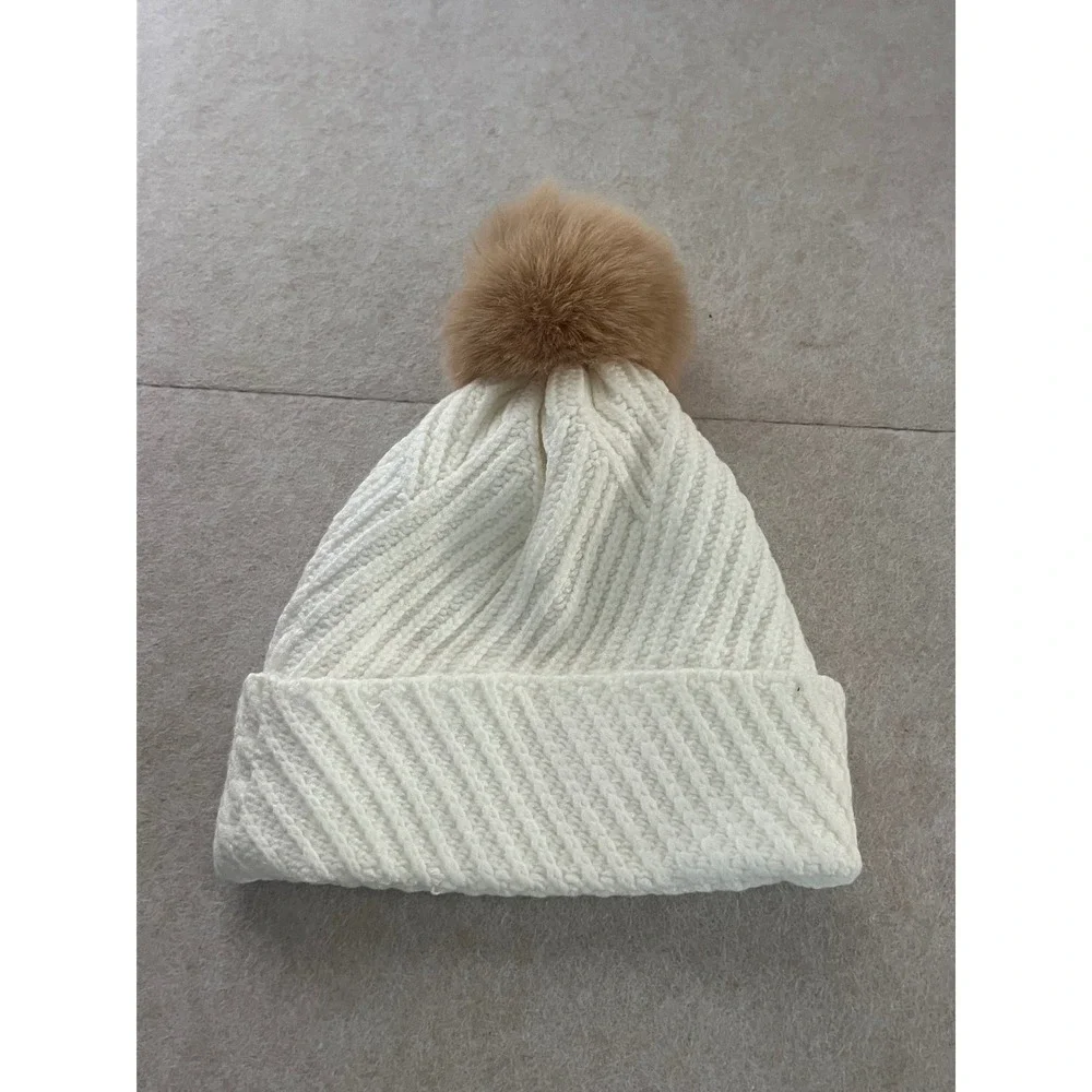 Calvin Klein Kids Cream White Cable Knit Beanie Faux Fur Pom Pom Hat A4KH7678